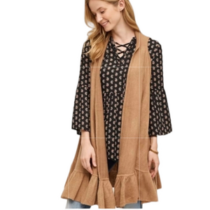 LOFT Cardigan Sweater Sleeveless Open Front Ruffled Hem Tan Women Size XL